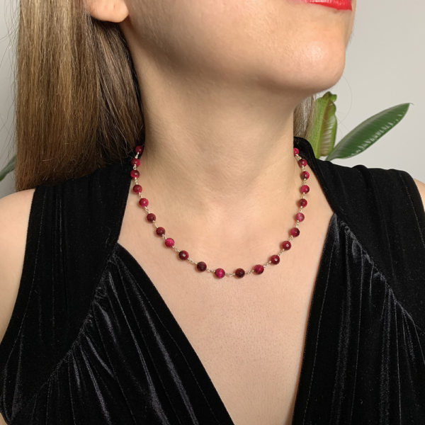 Ροζάριο Ασημένιο Επίχρυσο Με Dark Red Jade