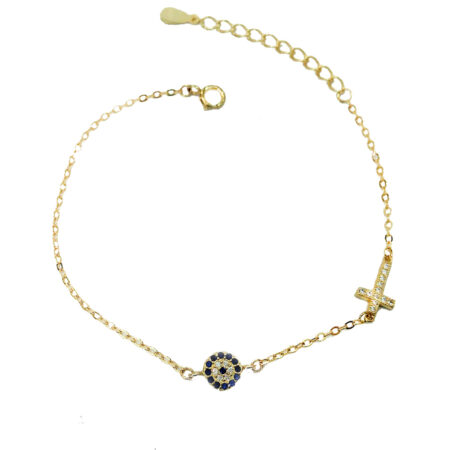 Βραχιόλι Ασημένιο Επίχρυσο Ματάκι Με Σταυρό